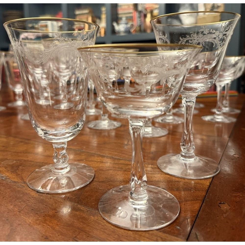 Golden Lace by Fostoria Set of 28 Iced Tea, Water, Wine, Champagne Etched w/Gold